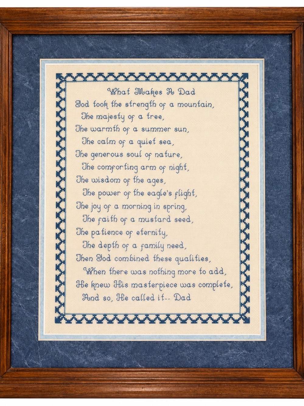 Framed 'What Makes A Dad' Cross-Stitch Wall Art in Blue and Brown
